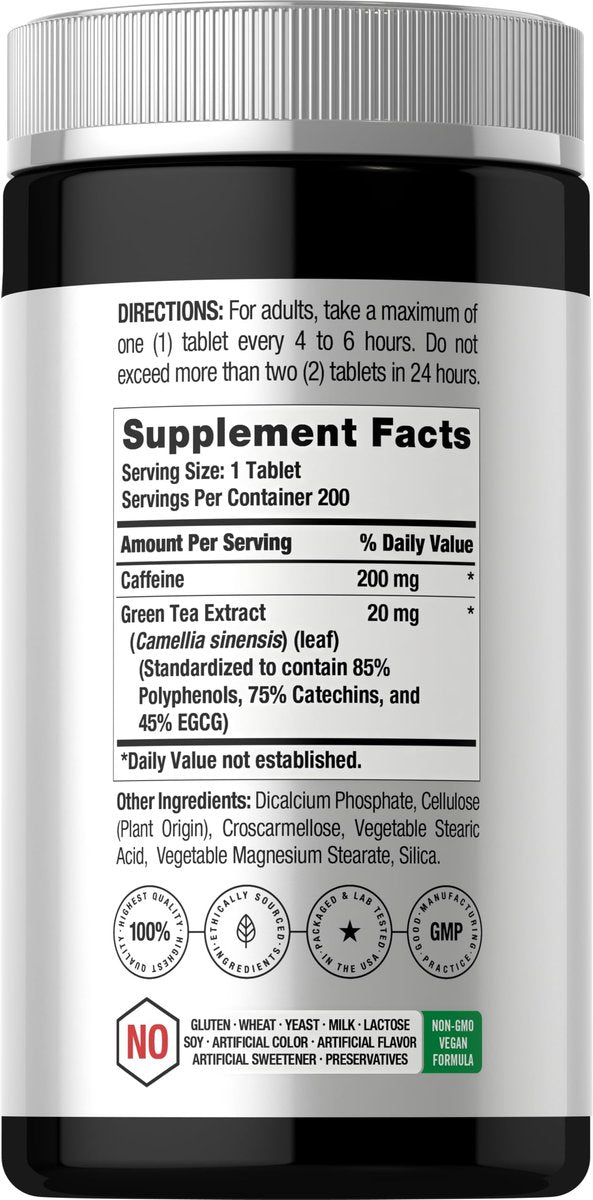 Horbäach Koffeinpillen 200 mg mit Grüntee – 200 Tabletten, Vegetarisch, Nicht-GVO & Glutenfrei