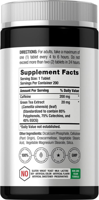 Horbäach Koffeinpillen 200 mg mit Grüntee – 200 Tabletten, Vegetarisch, Nicht-GVO & Glutenfrei
