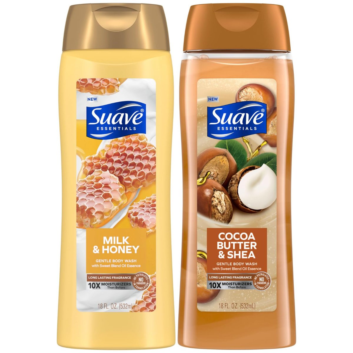 Suave Body Wash Variety 2er-Pack, Milch & Honig + Kakaobutter & Shea – Sanfte Duschgele mit süßem Ölessenz-Duft, 18 Oz pro Flasche