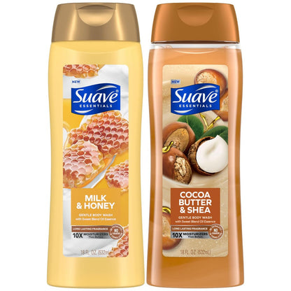 Suave Body Wash Variety 2er-Pack, Milch & Honig + Kakaobutter & Shea – Sanfte Duschgele mit süßem Ölessenz-Duft, 18 Oz pro Flasche