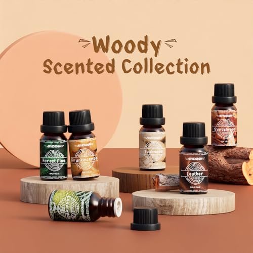 Woody Essential Oils Set von ARVIDSSON – Holzige Duftöle für Kerzen, Diffuser & Aromatherapie – Sandelholz, Leder, Teakholz, Weihrauch, Zedernholz, Kiefer für Männer und Frauen
