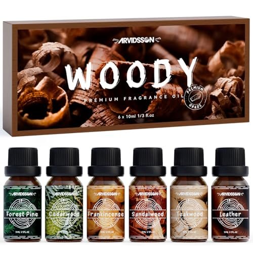 Woody Essential Oils Set von ARVIDSSON – Holzige Duftöle für Kerzen, Diffuser & Aromatherapie – Sandelholz, Leder, Teakholz, Weihrauch, Zedernholz, Kiefer für Männer und Frauen