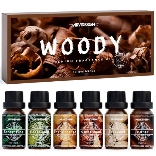 Woody Essential Oils Set von ARVIDSSON – Holzige Duftöle für Kerzen, Diffuser & Aromatherapie – Sandelholz, Leder, Teakholz, Weihrauch, Zedernholz, Kiefer für Männer und Frauen