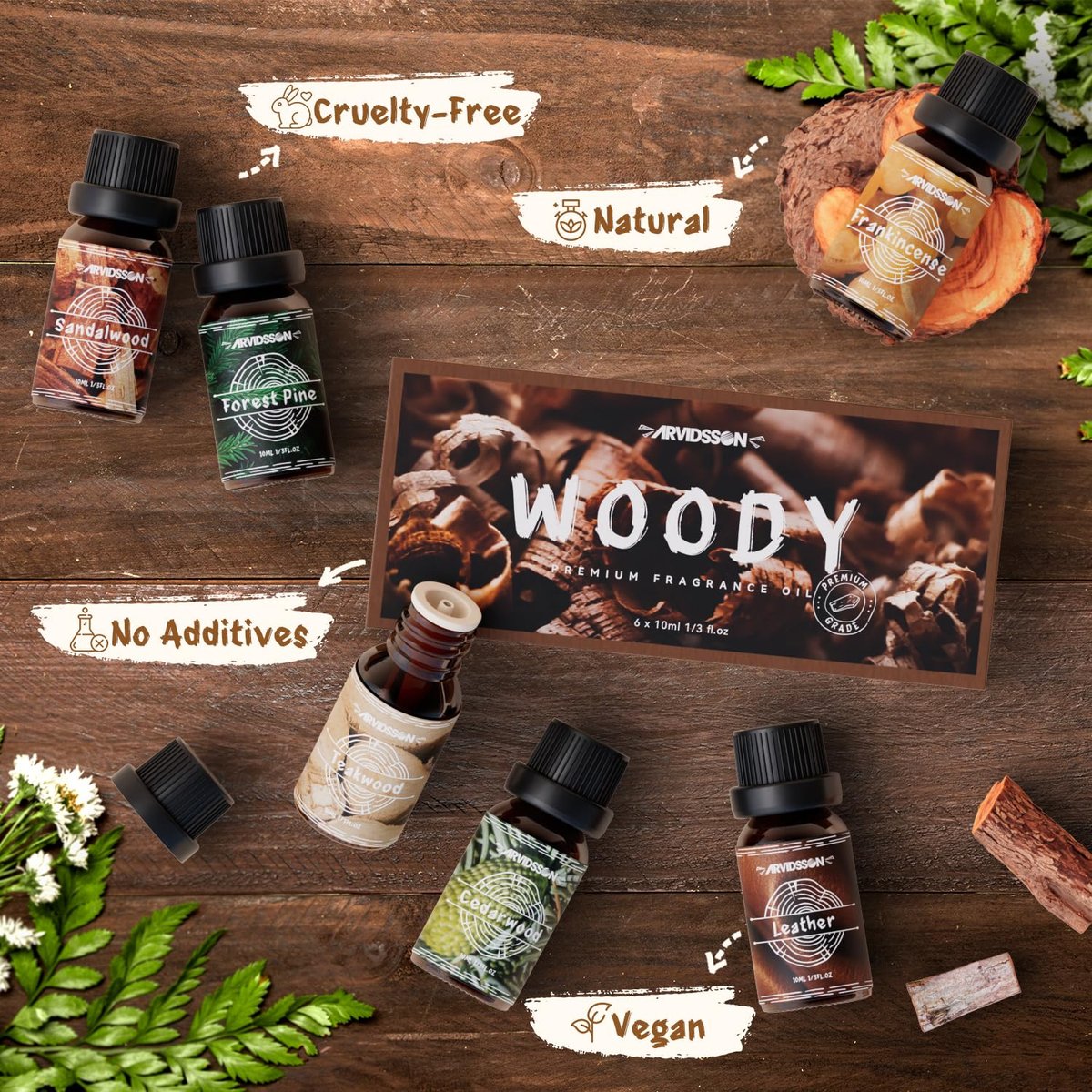 Woody Essential Oils Set von ARVIDSSON – Holzige Duftöle für Kerzen, Diffuser & Aromatherapie – Sandelholz, Leder, Teakholz, Weihrauch, Zedernholz, Kiefer für Männer und Frauen