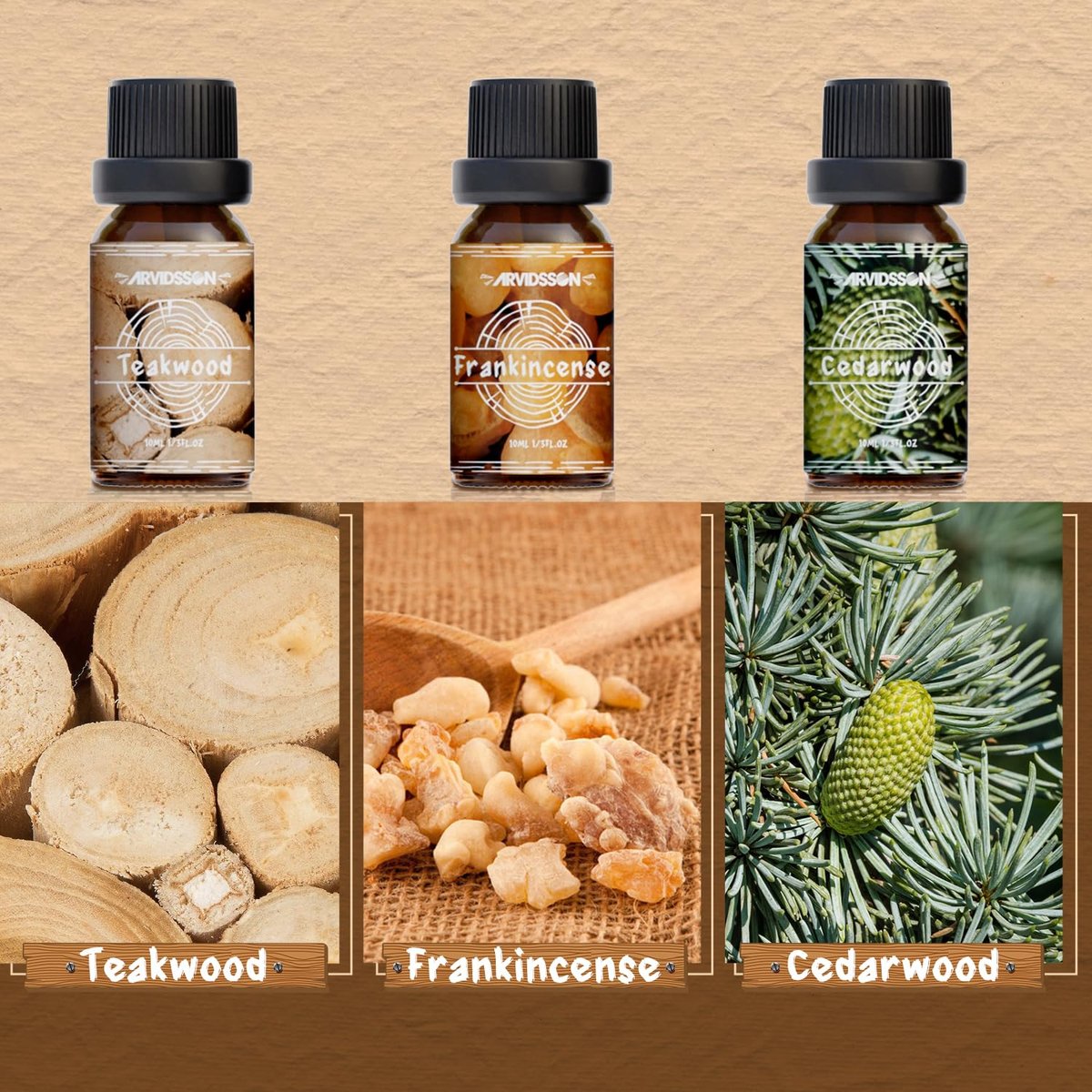 Woody Essential Oils Set von ARVIDSSON – Holzige Duftöle für Kerzen, Diffuser & Aromatherapie – Sandelholz, Leder, Teakholz, Weihrauch, Zedernholz, Kiefer für Männer und Frauen