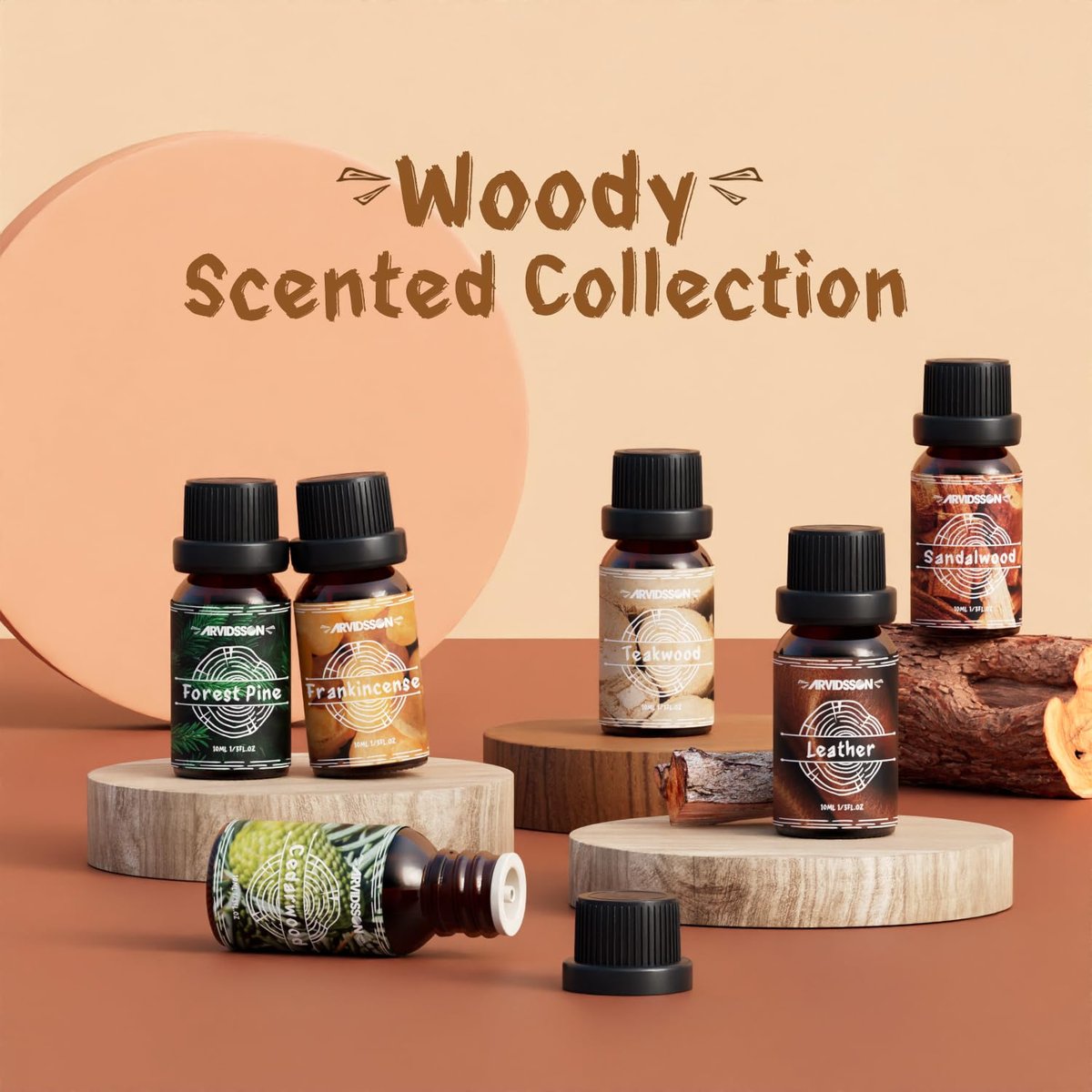 Woody Essential Oils Set von ARVIDSSON – Holzige Duftöle für Kerzen, Diffuser & Aromatherapie – Sandelholz, Leder, Teakholz, Weihrauch, Zedernholz, Kiefer für Männer und Frauen