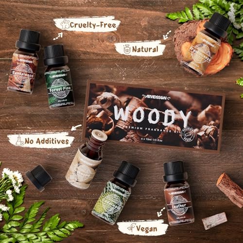 Woody Essential Oils Set von ARVIDSSON – Holzige Duftöle für Kerzen, Diffuser & Aromatherapie – Sandelholz, Leder, Teakholz, Weihrauch, Zedernholz, Kiefer für Männer und Frauen