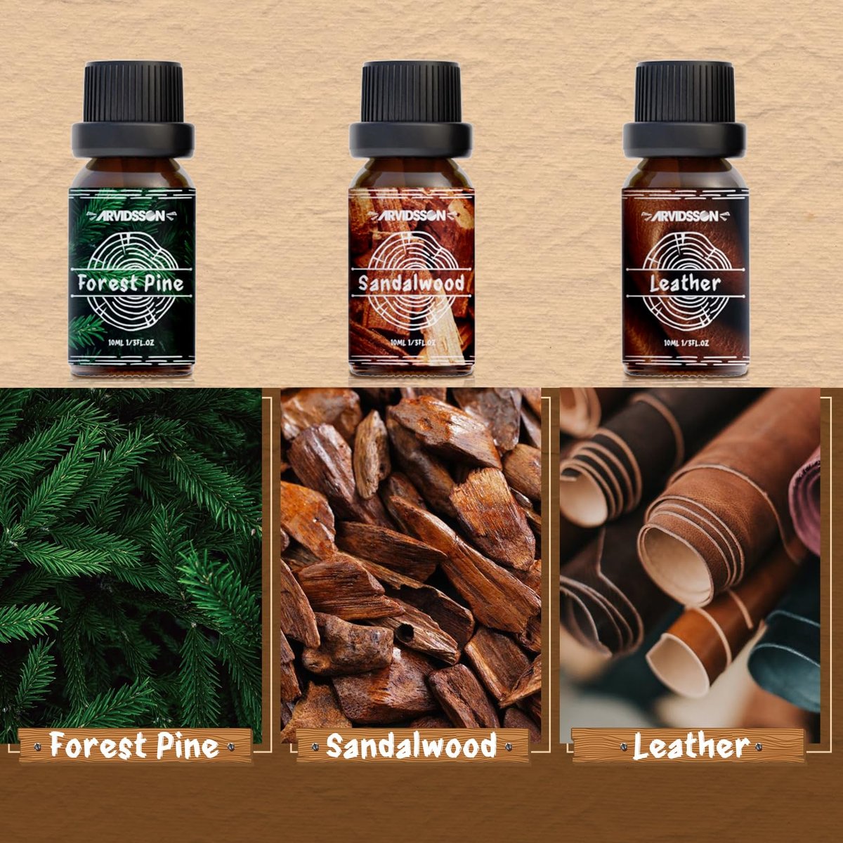 Woody Essential Oils Set von ARVIDSSON – Holzige Duftöle für Kerzen, Diffuser & Aromatherapie – Sandelholz, Leder, Teakholz, Weihrauch, Zedernholz, Kiefer für Männer und Frauen