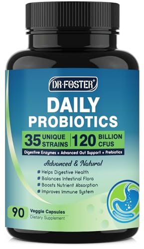 DRFOSTER Probiotika für Frauen und Männer – 120 Milliarden KBE, Präbiotika & Verdauungsenzyme, 90 vegane Kapseln (45 Tage Vorrat)
