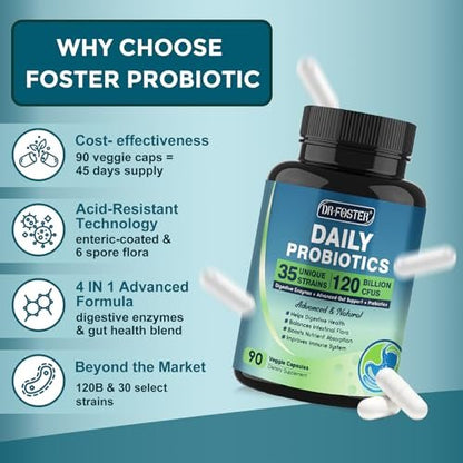 DRFOSTER Probiotika für Frauen und Männer – 120 Milliarden KBE, Präbiotika & Verdauungsenzyme, 90 vegane Kapseln (45 Tage Vorrat)