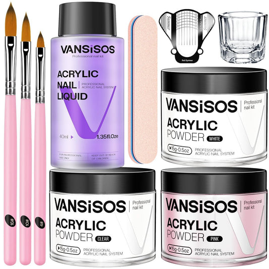 VANSISOS Acryl-Nagel-Set für Anfänger: Klares Weiß-Pink Acrylpulver und Flüssigkeit, professionelles Nagel-Set mit Pinseln für Heim-DIY