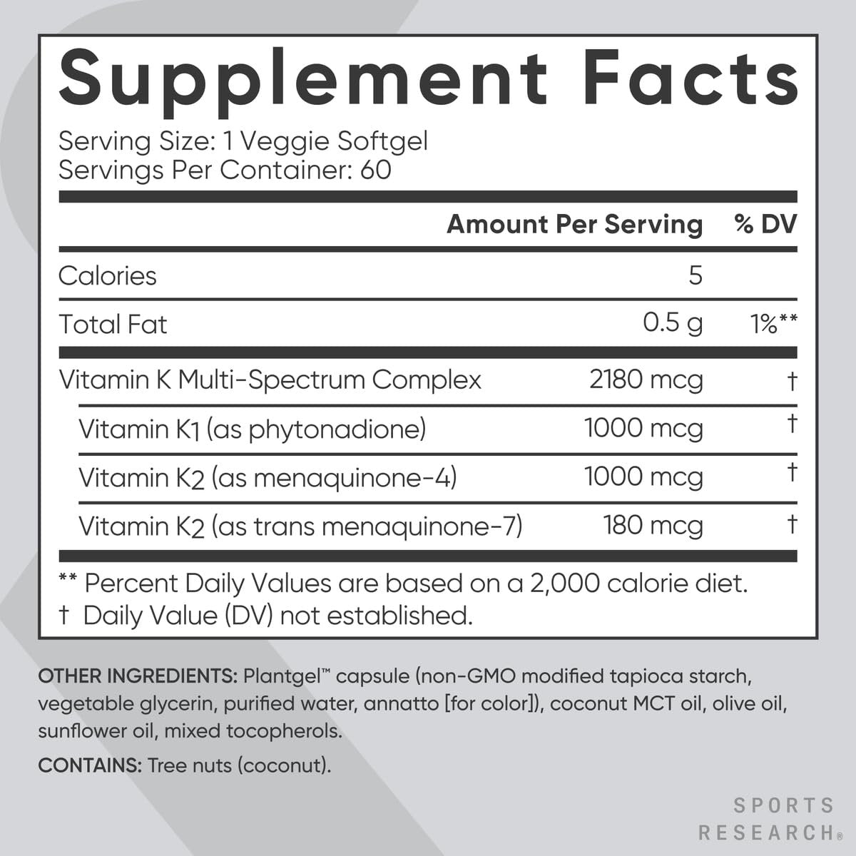 Sports Research Vitamin K Multi-Spectrum – Drei Arten von Vitamin K: K1, K2 MK-4 & K2 MK-7 – Vegane Plantgel-Kapseln – 60 Softgels