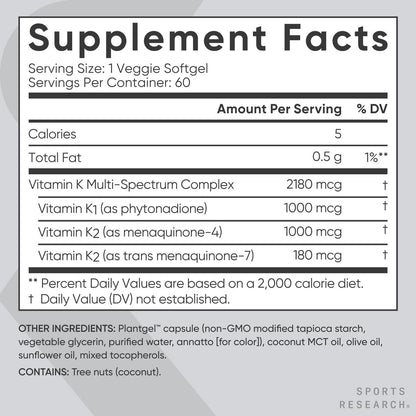 Sports Research Vitamin K Multi-Spectrum – Drei Arten von Vitamin K: K1, K2 MK-4 & K2 MK-7 – Vegane Plantgel-Kapseln – 60 Softgels