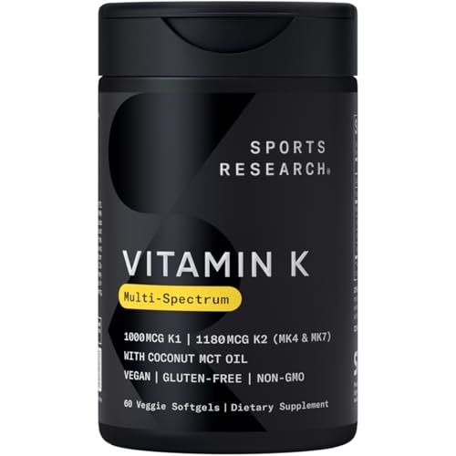 Sports Research Vitamin K Multi-Spectrum – Drei Arten von Vitamin K: K1, K2 MK-4 & K2 MK-7 – Vegane Plantgel-Kapseln – 60 Softgels