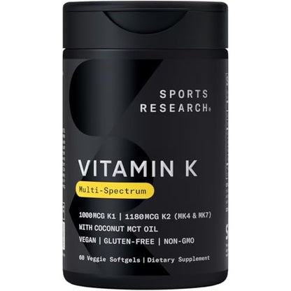 Sports Research Vitamin K Multi-Spectrum – Drei Arten von Vitamin K: K1, K2 MK-4 & K2 MK-7 – Vegane Plantgel-Kapseln – 60 Softgels