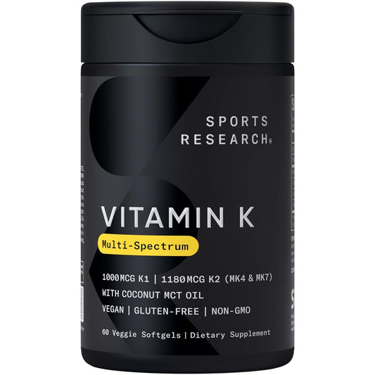 Sports Research Vitamin K Multi-Spectrum – Drei Arten von Vitamin K: K1, K2 MK-4 & K2 MK-7 – Vegane Plantgel-Kapseln – 60 Softgels