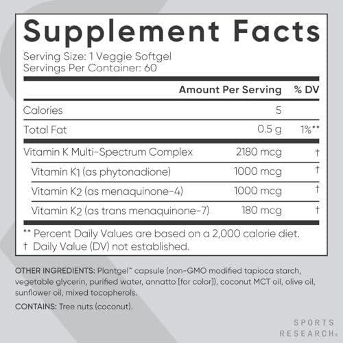 Sports Research Vitamin K Multi-Spectrum – Drei Arten von Vitamin K: K1, K2 MK-4 & K2 MK-7 – Vegane Plantgel-Kapseln – 60 Softgels