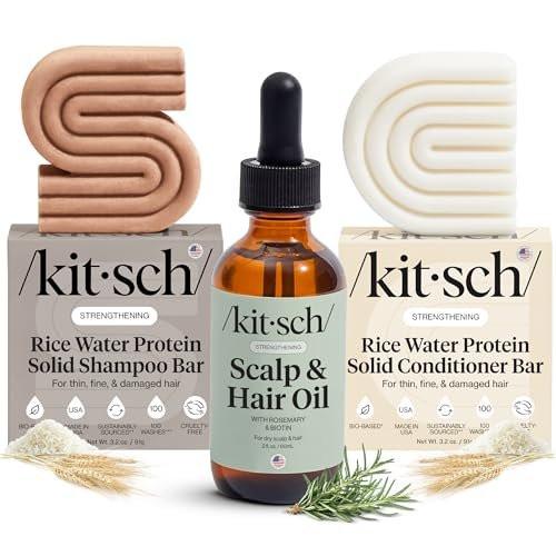 Kitsch Reiswasser Shampoo und Conditioner Set + Pre-Wash Scalp Serum mit Rosmarin und Biotin – Shampoo- und Conditioner-Bar für Haarwachstum & Kopfhautpflege – 3-teiliges Set