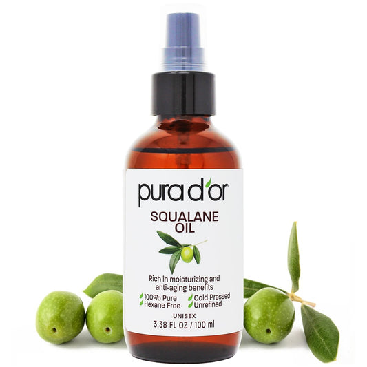 PURA D'OR 3,38 Unzen Squalanöl - 100 % reines & natürliches, nicht-GVO - Feuchtigkeitsspender für Gesicht, Haare und Körper - Vegan, tierversuchsfrei mit Anti-Aging-Vorteilen - Männer & Frauen - Reisegröße