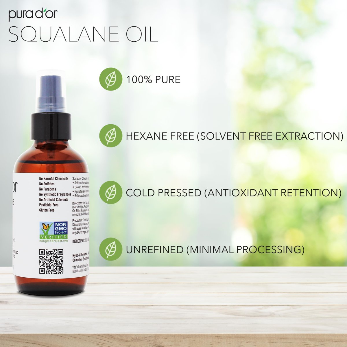 PURA D'OR 3,38 Unzen Squalanöl - 100 % reines & natürliches, nicht-GVO - Feuchtigkeitsspender für Gesicht, Haare und Körper - Vegan, tierversuchsfrei mit Anti-Aging-Vorteilen - Männer & Frauen - Reisegröße