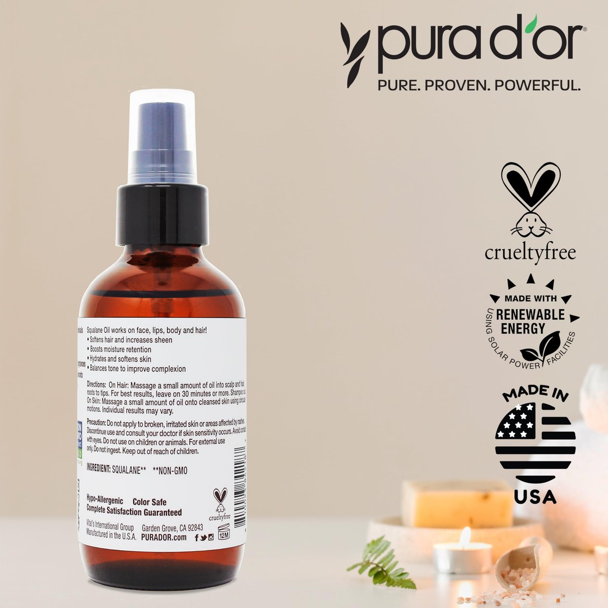 PURA D'OR 3,38 Unzen Squalanöl - 100 % reines & natürliches, nicht-GVO - Feuchtigkeitsspender für Gesicht, Haare und Körper - Vegan, tierversuchsfrei mit Anti-Aging-Vorteilen - Männer & Frauen - Reisegröße