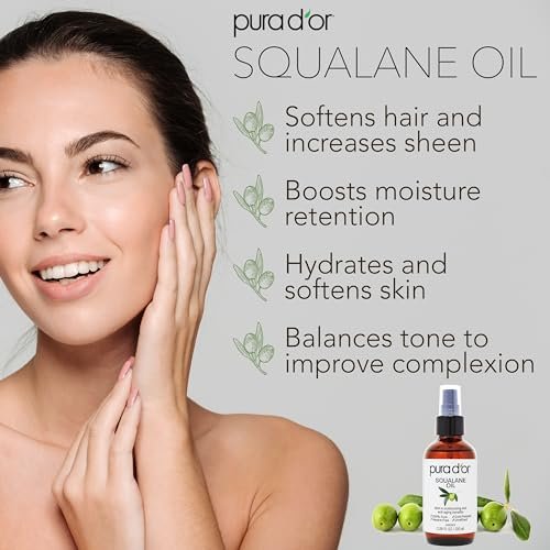 PURA D'OR 3,38 Unzen Squalanöl - 100 % reines & natürliches, nicht-GVO - Feuchtigkeitsspender für Gesicht, Haare und Körper - Vegan, tierversuchsfrei mit Anti-Aging-Vorteilen - Männer & Frauen - Reisegröße