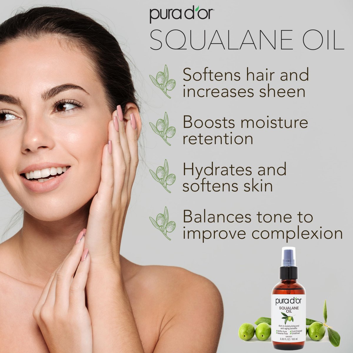 PURA D'OR 3,38 Unzen Squalanöl - 100 % reines & natürliches, nicht-GVO - Feuchtigkeitsspender für Gesicht, Haare und Körper - Vegan, tierversuchsfrei mit Anti-Aging-Vorteilen - Männer & Frauen - Reisegröße