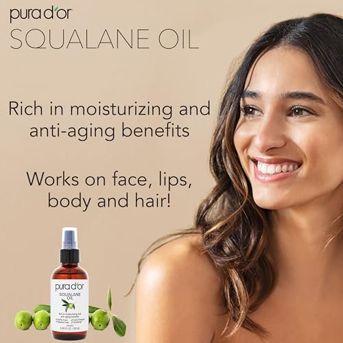 PURA D'OR 3,38 Unzen Squalanöl - 100 % reines & natürliches, nicht-GVO - Feuchtigkeitsspender für Gesicht, Haare und Körper - Vegan, tierversuchsfrei mit Anti-Aging-Vorteilen - Männer & Frauen - Reisegröße