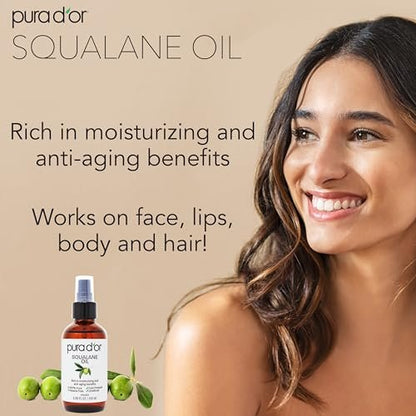 PURA D'OR 3,38 Unzen Squalanöl - 100 % reines & natürliches, nicht-GVO - Feuchtigkeitsspender für Gesicht, Haare und Körper - Vegan, tierversuchsfrei mit Anti-Aging-Vorteilen - Männer & Frauen - Reisegröße