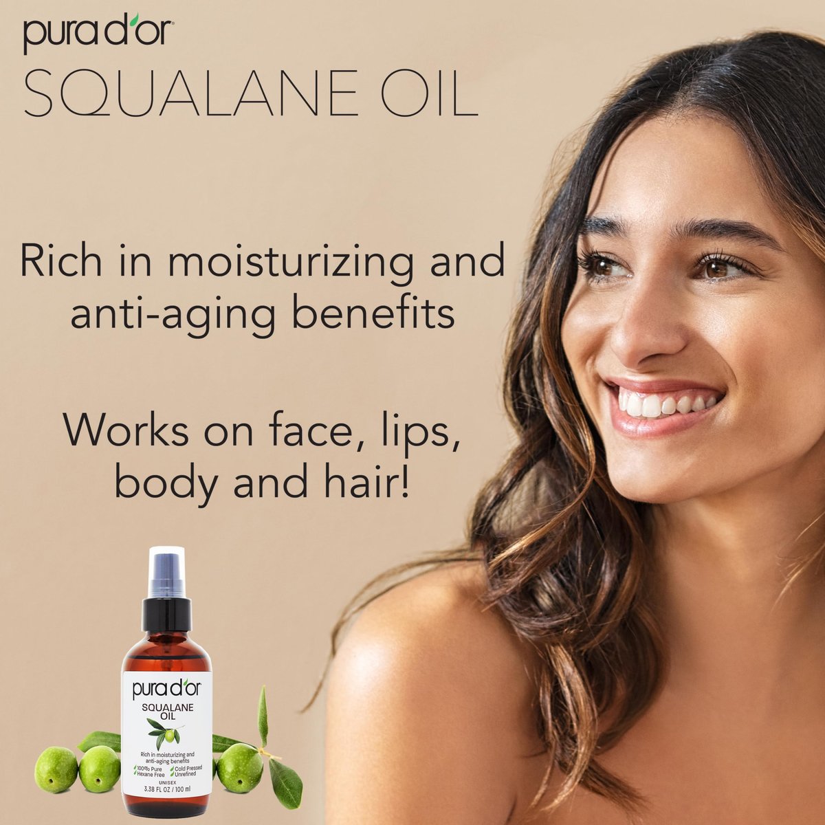 PURA D'OR 3,38 Unzen Squalanöl - 100 % reines & natürliches, nicht-GVO - Feuchtigkeitsspender für Gesicht, Haare und Körper - Vegan, tierversuchsfrei mit Anti-Aging-Vorteilen - Männer & Frauen - Reisegröße