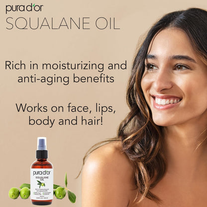 PURA D'OR 3,38 Unzen Squalanöl - 100 % reines & natürliches, nicht-GVO - Feuchtigkeitsspender für Gesicht, Haare und Körper - Vegan, tierversuchsfrei mit Anti-Aging-Vorteilen - Männer & Frauen - Reisegröße