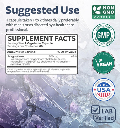 Hochabsorbierendes Magnesiumbisglycinat Kapseln – Klinisch validiertes, gepuffertes und chelatisiertes Magnesiumpräparat – 1 tägliche vegane Kapsel mit laborgeprüfter sanfter 200 mg Portion (2 Monate Vorrat)