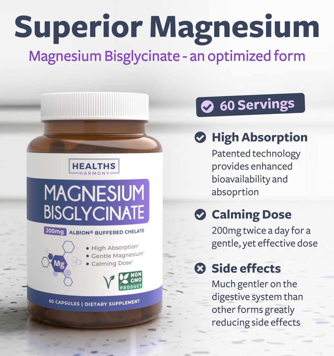 Hochabsorbierendes Magnesiumbisglycinat Kapseln – Klinisch validiertes, gepuffertes und chelatisiertes Magnesiumpräparat – 1 tägliche vegane Kapsel mit laborgeprüfter sanfter 200 mg Portion (2 Monate Vorrat)