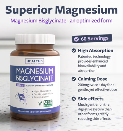 Hochabsorbierendes Magnesiumbisglycinat Kapseln – Klinisch validiertes, gepuffertes und chelatisiertes Magnesiumpräparat – 1 tägliche vegane Kapsel mit laborgeprüfter sanfter 200 mg Portion (2 Monate Vorrat)