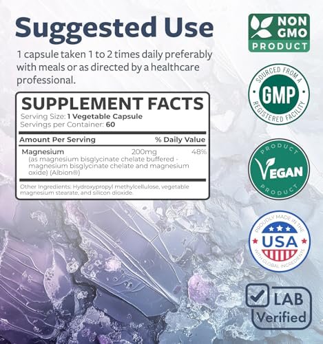 Hochabsorbierendes Magnesiumbisglycinat Kapseln – Klinisch validiertes, gepuffertes und chelatisiertes Magnesiumpräparat – 1 tägliche vegane Kapsel mit laborgeprüfter sanfter 200 mg Portion (2 Monate Vorrat)