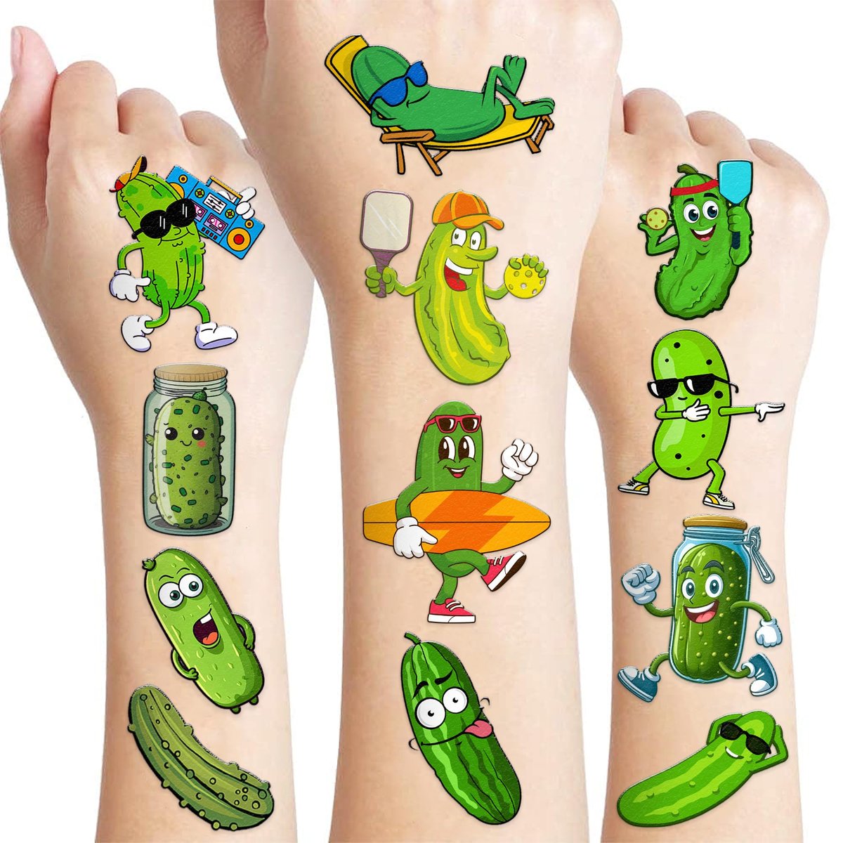 96 Stücke Lustige Gurken Temporäre Tattoos Aufkleber - Vorgeschnitten, Frucht-Gemüse Cooles Geburtstagsparty-Dekor, Geschenke für Jungen Mädchen, Schulbelohnung, Weihnachten