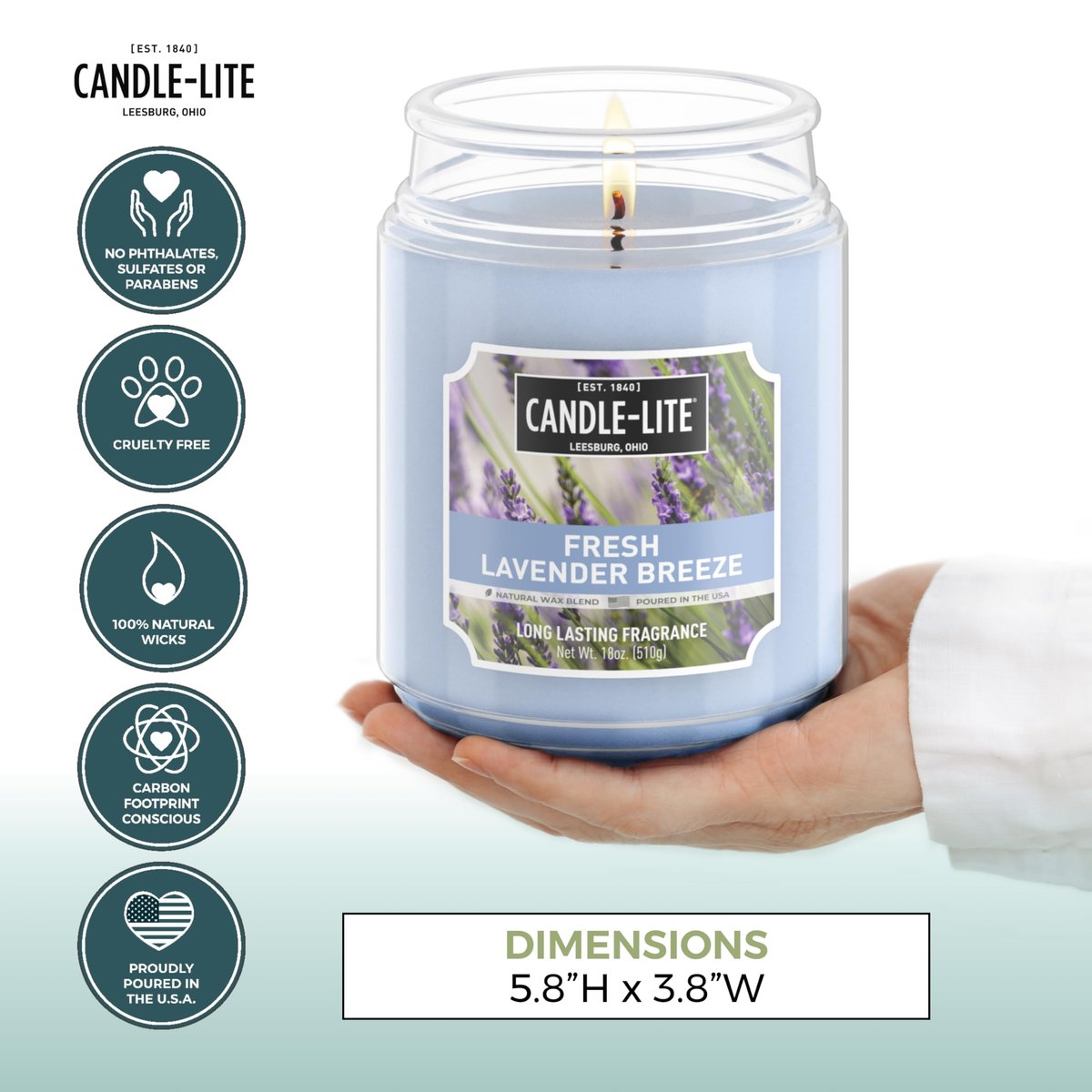 Candle-lite Duftkerze Fresh Lavender Breeze, 18 oz – 110 Stunden Brenndauer, Aromatherapie-Kerze aus den USA