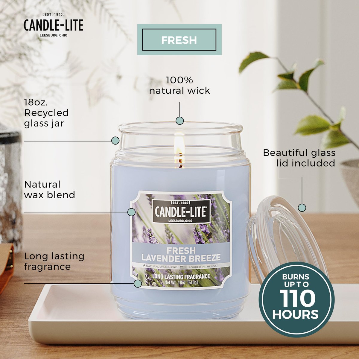 Candle-lite Duftkerze Fresh Lavender Breeze, 18 oz – 110 Stunden Brenndauer, Aromatherapie-Kerze aus den USA