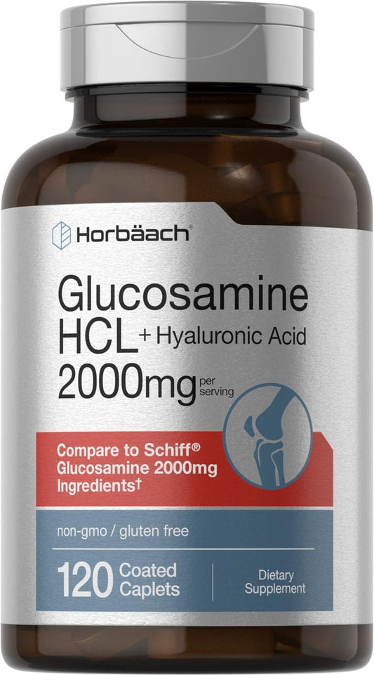 Horbäach Glucosamin HCL mit Hyaluronsäure 2000 mg - 120 magensaftresistente Tabletten, Non-GMO & Glutenfrei