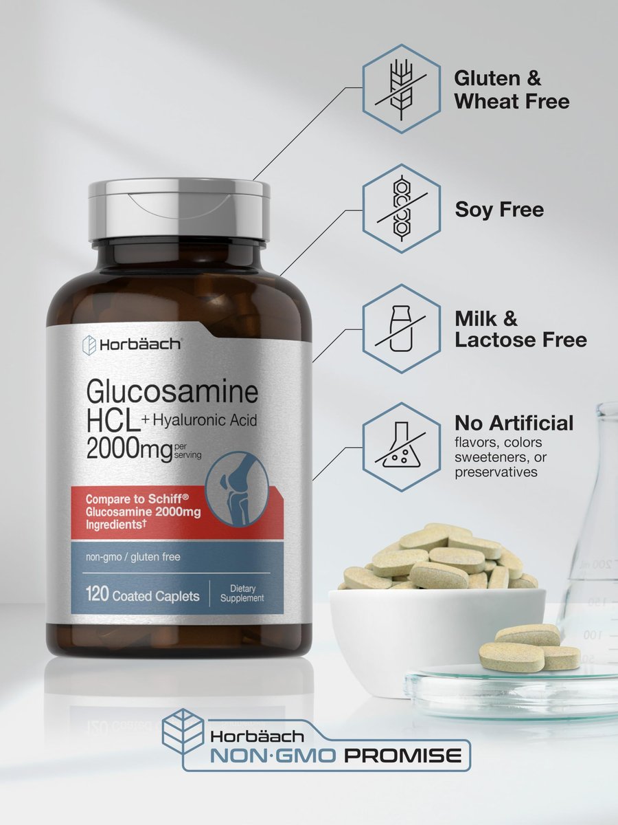 Horbäach Glucosamin HCL mit Hyaluronsäure 2000 mg - 120 magensaftresistente Tabletten, Non-GMO & Glutenfrei