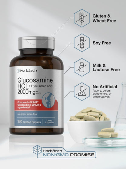 Horbäach Glucosamin HCL mit Hyaluronsäure 2000 mg - 120 magensaftresistente Tabletten, Non-GMO & Glutenfrei