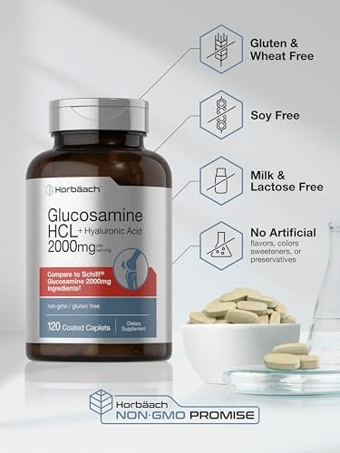 Horbäach Glucosamin HCL mit Hyaluronsäure 2000 mg - 120 magensaftresistente Tabletten, Non-GMO & Glutenfrei