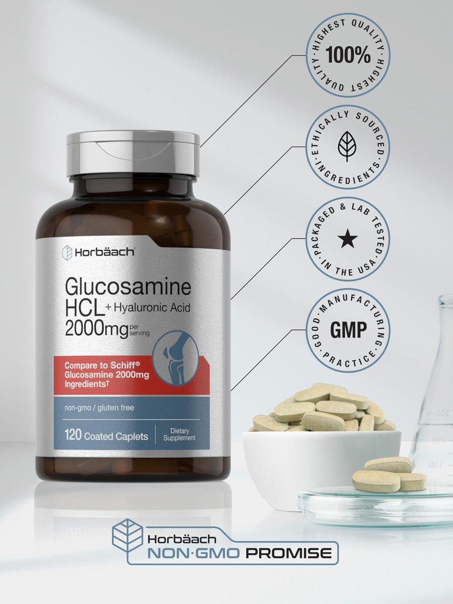 Horbäach Glucosamin HCL mit Hyaluronsäure 2000 mg - 120 magensaftresistente Tabletten, Non-GMO & Glutenfrei