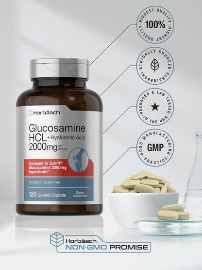 Horbäach Glucosamin HCL mit Hyaluronsäure 2000 mg - 120 magensaftresistente Tabletten, Non-GMO & Glutenfrei