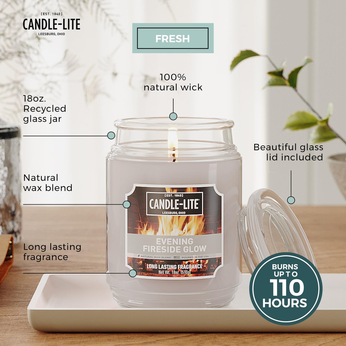 Candle-lite Herbst-Duftkerze „Evening Fireside Glow“ – 18 oz Glas, 110 Stunden Brenndauer, Aromatherapie-Kerze, handgegossen in den USA