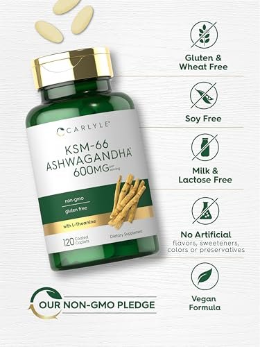 Carlyle KSM-66 Ashwagandha Wurzelextrakt 600 mg | 120 vegane Tabletten | Nahrungsergänzung mit L-Theanin | Nicht-GVO, glutenfrei