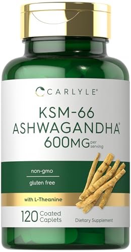 Carlyle KSM-66 Ashwagandha Wurzelextrakt 600 mg | 120 vegane Tabletten | Nahrungsergänzung mit L-Theanin | Nicht-GVO, glutenfrei