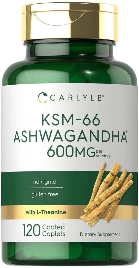 Carlyle KSM-66 Ashwagandha Wurzelextrakt 600 mg | 120 vegane Tabletten | Nahrungsergänzung mit L-Theanin | Nicht-GVO, glutenfrei
