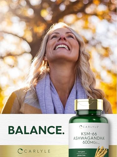 Carlyle KSM-66 Ashwagandha Wurzelextrakt 600 mg | 120 vegane Tabletten | Nahrungsergänzung mit L-Theanin | Nicht-GVO, glutenfrei