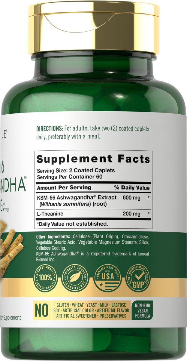 Carlyle KSM-66 Ashwagandha Wurzelextrakt 600 mg | 120 vegane Tabletten | Nahrungsergänzung mit L-Theanin | Nicht-GVO, glutenfrei